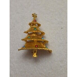 Vintage LJM Christmas Tree Brooch Gold Tone Multicolor Rhinestone Holiday Pin